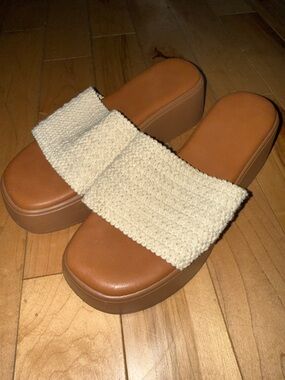 Woven Cream Slide Platform Sandals - Women